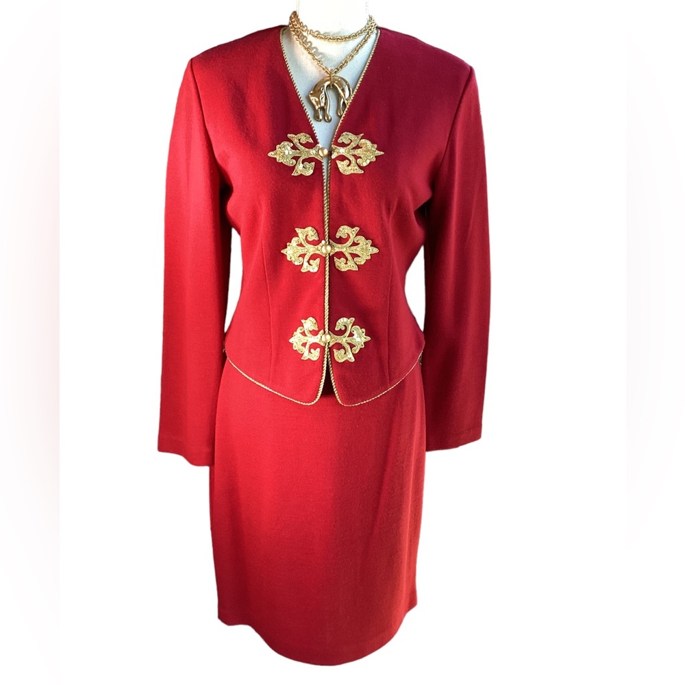 Vintage 1980’s Wool Knit Red & Gold Suit. B22